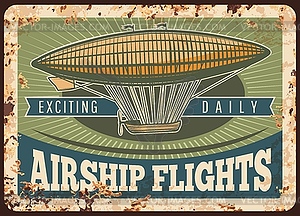 Zeppelin rusty metal plate, vintage airship - vector image