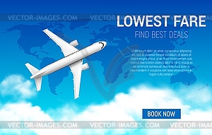 Плакат с самым низким тарифом и реалистичным самолетом - иллюстрация в векторном формате