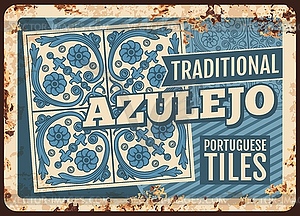 Portugal travel, azulejo tiles, metal plate rusty - color vector clipart