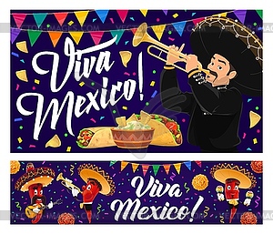 Mexican holiday food, mariachi, Viva Mexico banner - vector clip art