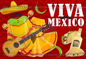 Viva Mexico holiday food, Mexican fiesta clothes - vector clipart