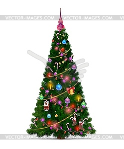 Christmas tree with star, gift, ball decorations - vector image