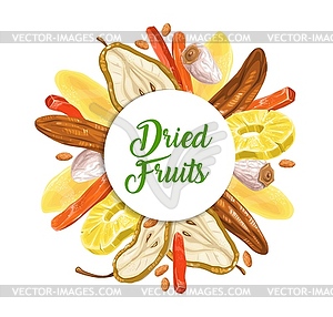 Dried sweet fruits dessert round frame - vector clipart