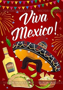 Viva Mexico banner with Mexican food and sombrero - vector image