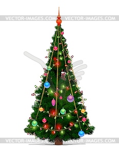 Christmas tree with Xmas gift and ball decorations - vector clipart