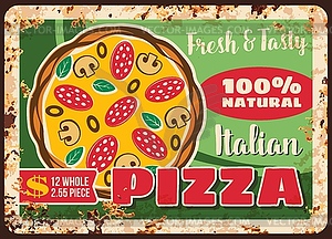 Pizza and pizzeria, Italian metal plate rusty menu - vector clip art