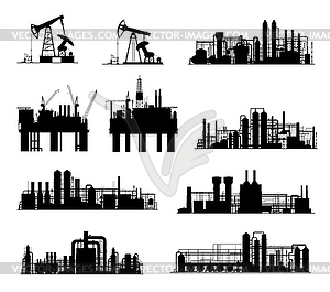 Силуэты нефтегазовой промышленности, нефтеперерабатывающий завод и буровая установка - черно-белый векторный клипарт