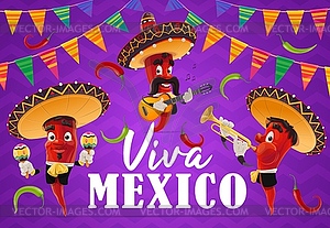 Mexican chilli pepper musicians, Viva Mexico - vector clip art