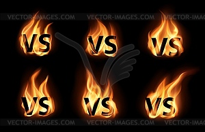 Versus или VS с реалистичным набором иконок пламени огня - стоковое векторное изображение