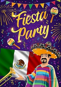 Mexican fiesta party flag, maracas and mariachi - vector clipart