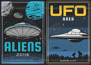 UFO aliens and outer space, universe planets - vector image