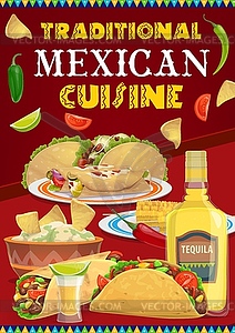 Mexican cuisine food, drink of Viva Mexico holiday - vector clip art