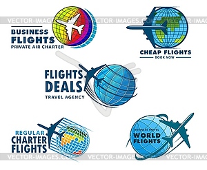 Airplane flights icons flight tours emblems - royalty-free vector clipart