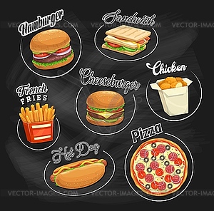 Fast food icons black chalkboard background - vector image