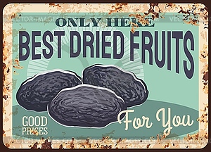Prunes rusty metal plate, dried fruits - vector clipart