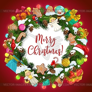 Christmas gifts, Xmas tree, snow and balls wreath - vector image