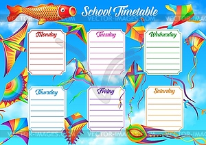 School timetable template with flying kites - color vector clipart