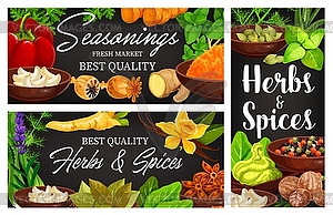 Food spice and herb banners of cartoon condiments - vector image