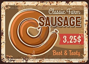 Classic farm sausage rusty metal plate card - vector clipart / vector image