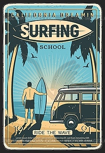 California surfing school retro poster - vector clipart