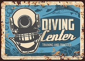 Diving center metal plate rusty, scuba dive sport - vector clipart