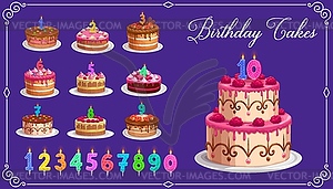 Candles on birthday cakes with age numbers set - vector image