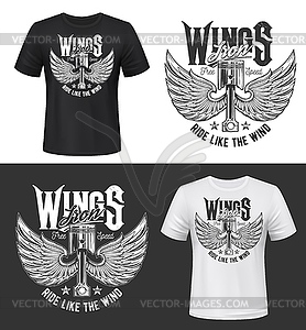 Tshirt print with winged car engine valve mockup - vector image