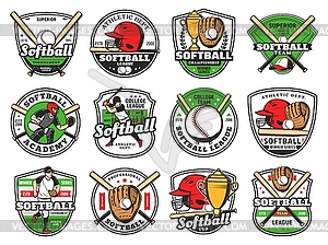 Softball, baseball club emblems, bat and ball team - vector clip art