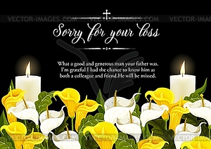 Funerary card template with candle and calla lily - vector image