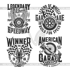 Racing sport, motocross speedway t-shirt prints - vector image