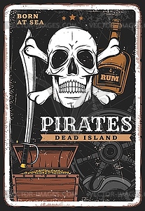 Pirates poster, vintage skull, treasure and rum - vector clip art