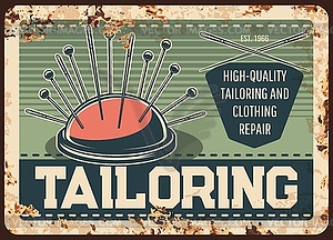 Tailor shop metal plate rusty, sewing clothes - vector image