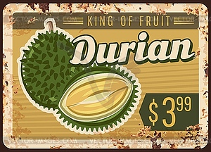 Durian fruit rusty metal plate price tropical food - vector image