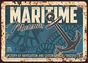 Maritime museum metal rusty plate, retro poster - vector clipart
