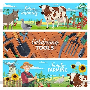 Farming animals, gardening tools banner - vector clipart