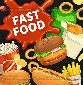 Fast food burgers and combo snacks poster - vector image