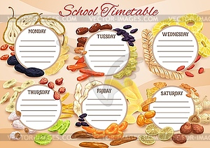 School timetable, schedule planner, dried fruits - vector clip art