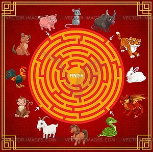 Maze or labyrinth game with Chinese zodiac animals - vector clipart