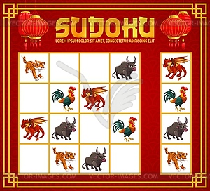 Sudoku game or puzzle with Chinese zodiac animals - vector image