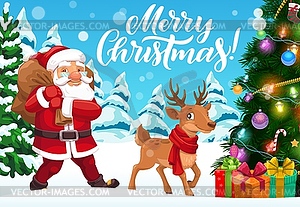 Santa, Christmas gifts, Xmas tree and reindeer - vector image