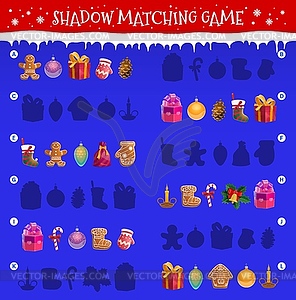 Kids shadow matching game with Christmas toys - vector image