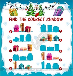 Kids Christmas riddle, find correct shadow game - vector image