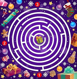 Kids game labyrinth, Christmas maze with gifts - vector clipart