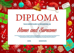 Education diploma certificate with Christmas gifts - vector image