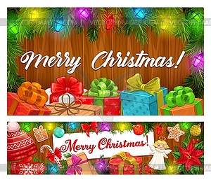 Новогодняя гирлянда из рождественского подарка, мяч, конфета баннер - векторное изображение EPS