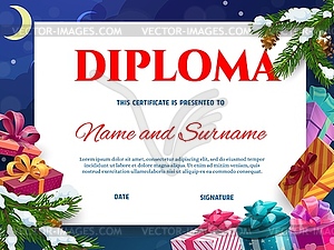 Kids diploma, certificate with Christmas gifts - vector image