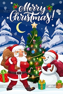 Дед Мороз с рождественскими подарками и снеговиком - иллюстрация в векторе