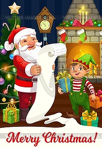 Christmas elf and Santa with Xmas wish list, gifts - vector image