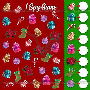 Children i spy game with Christmas toys and gifts - vector EPS clipart