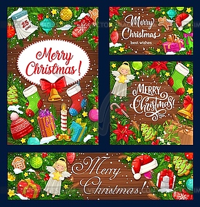 Christmas wreath with Xmas gift and bell banners - vector clip art